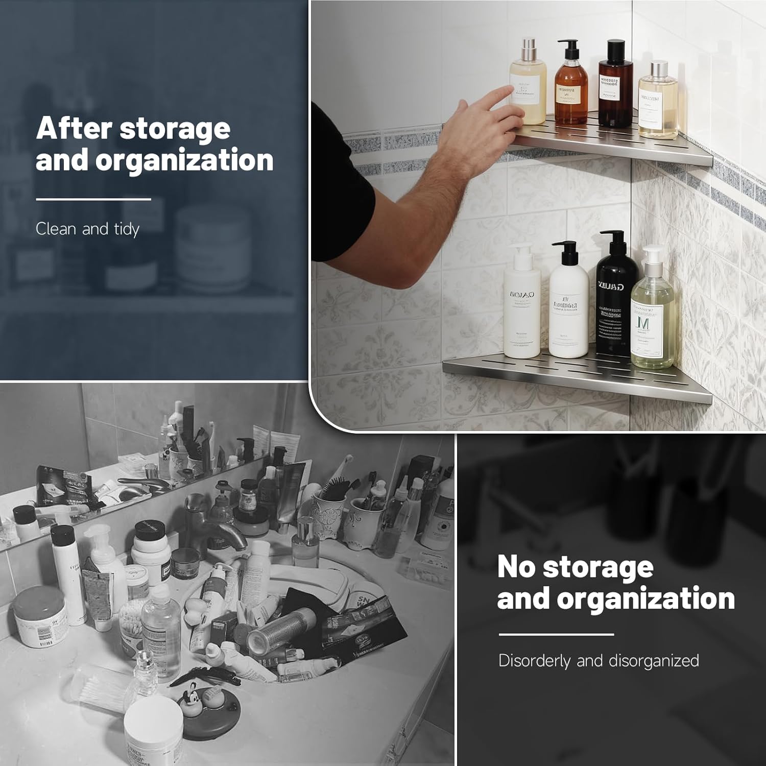 BWE 10" Shower Corner Shelf, 304 Stainless Steel Shower Shelves, Slot Design Corner Shower Shelf, Recessed Bathroom Storage Organizer for Tiled Wall,No Drilling Need, Brushed Nickel 2 Pack