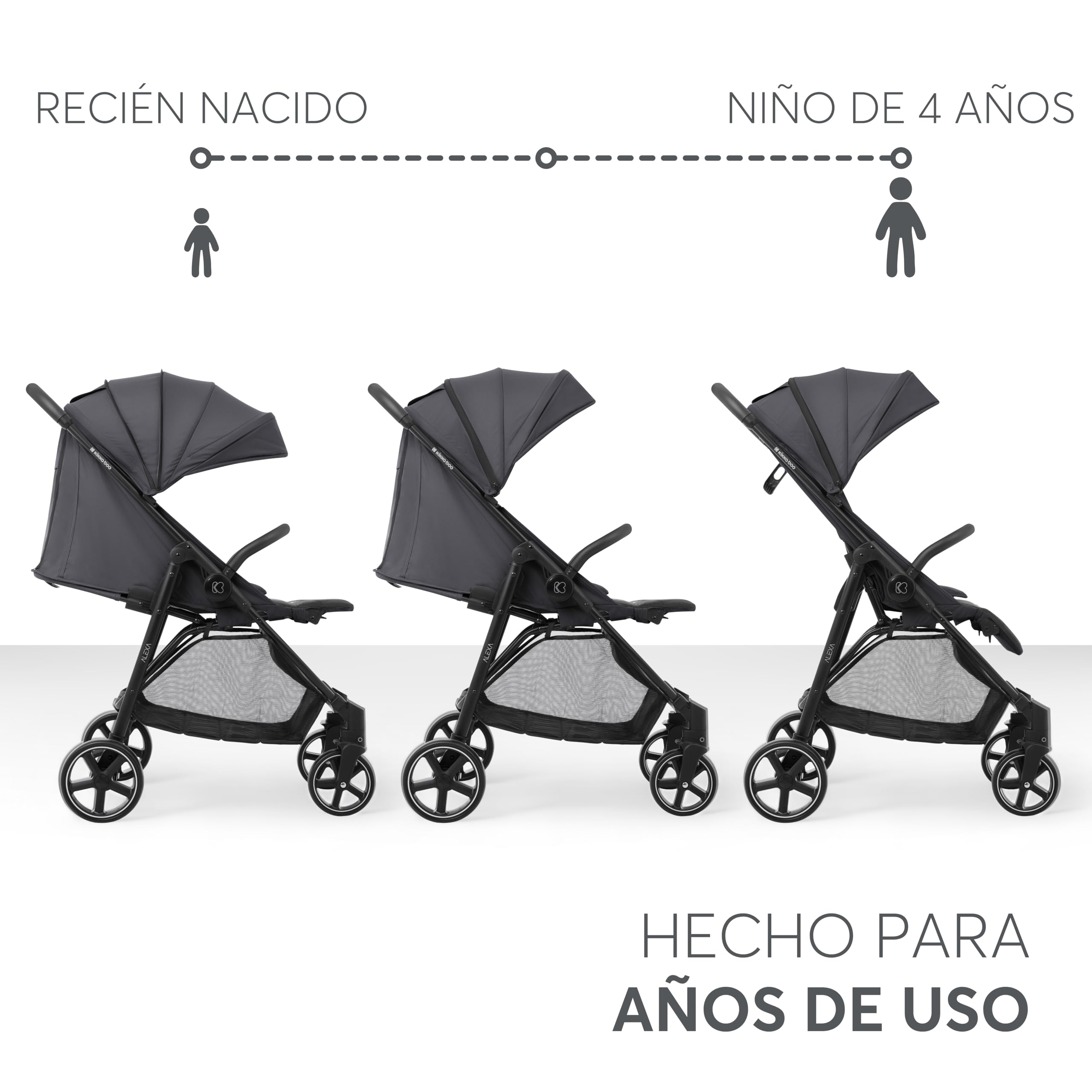 KikkaBoo ALEXA Silla de Paseo Ligera desde Nacimiento hasta 22 kg, Plegado con una Mano, Respaldo Reclinable con Posición Tumbada, Suspensión en Todas las Ruedas, Reposapiés Ajustable, Gris Oscuro