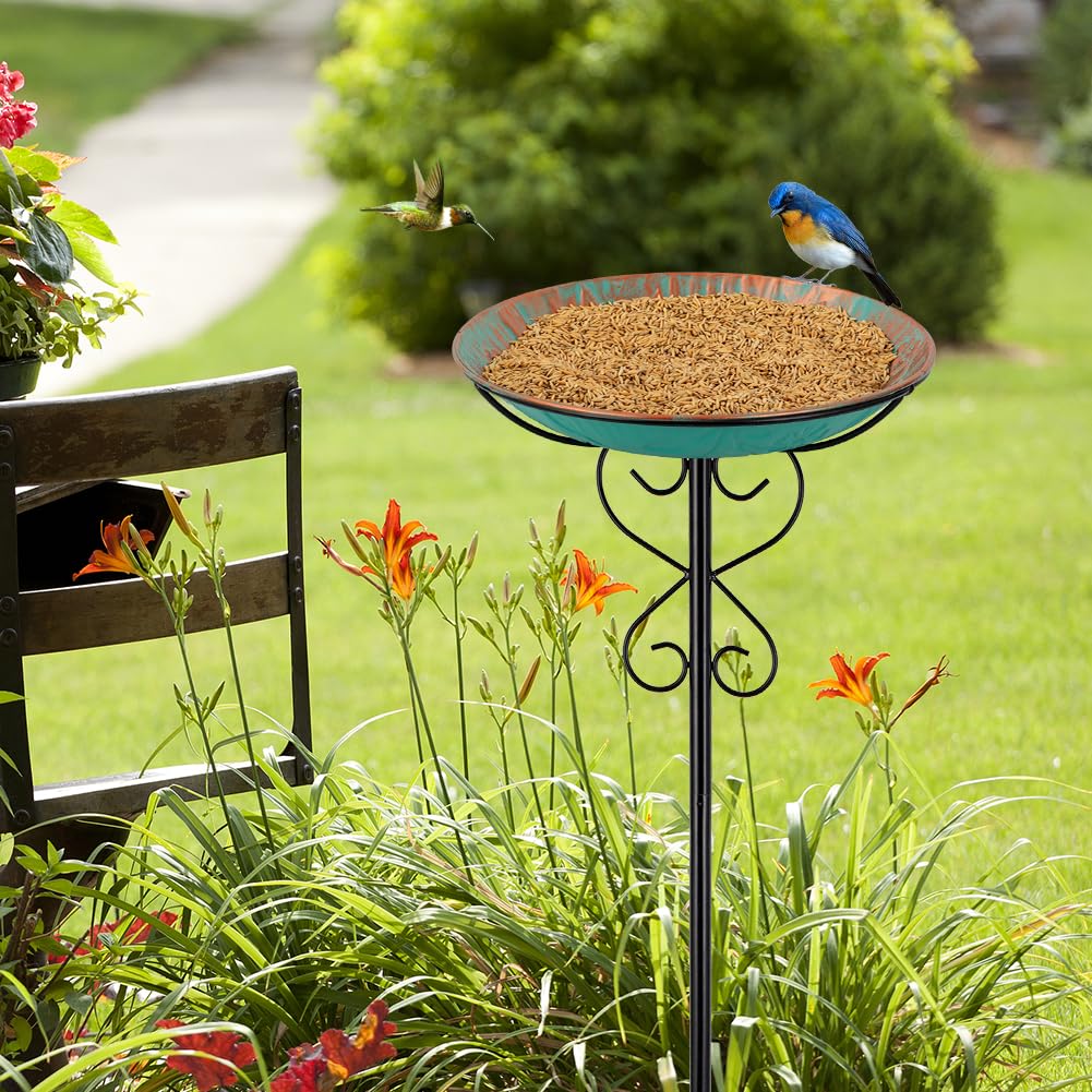 Baño de metal para pájaros al aire libre, baño de pie para pájaros y comedero para pájaros con estaca de hierro fundido para exteriores, jardín, patio, decoración de césped