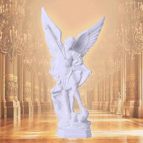 Estatua de ángel blanco puro, resina de 12 pulgadas, figura de demonio matador de arcángel de San Miguel, adornos de ángel católico de la justicia