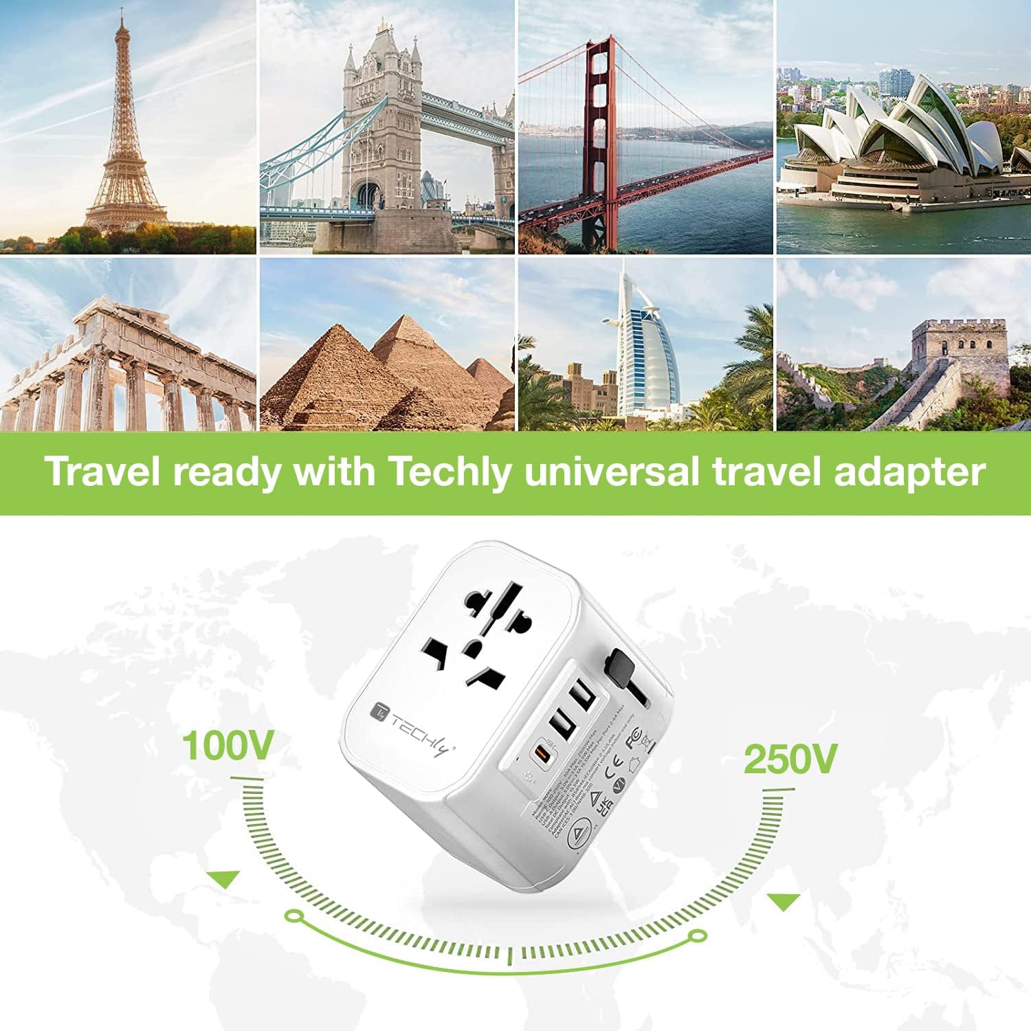 Techly 367782 Adattatore da Viaggio Universale 150 Paesi 2 Porte USB-A e 1 Porta USB-C™ Bianco Bianco