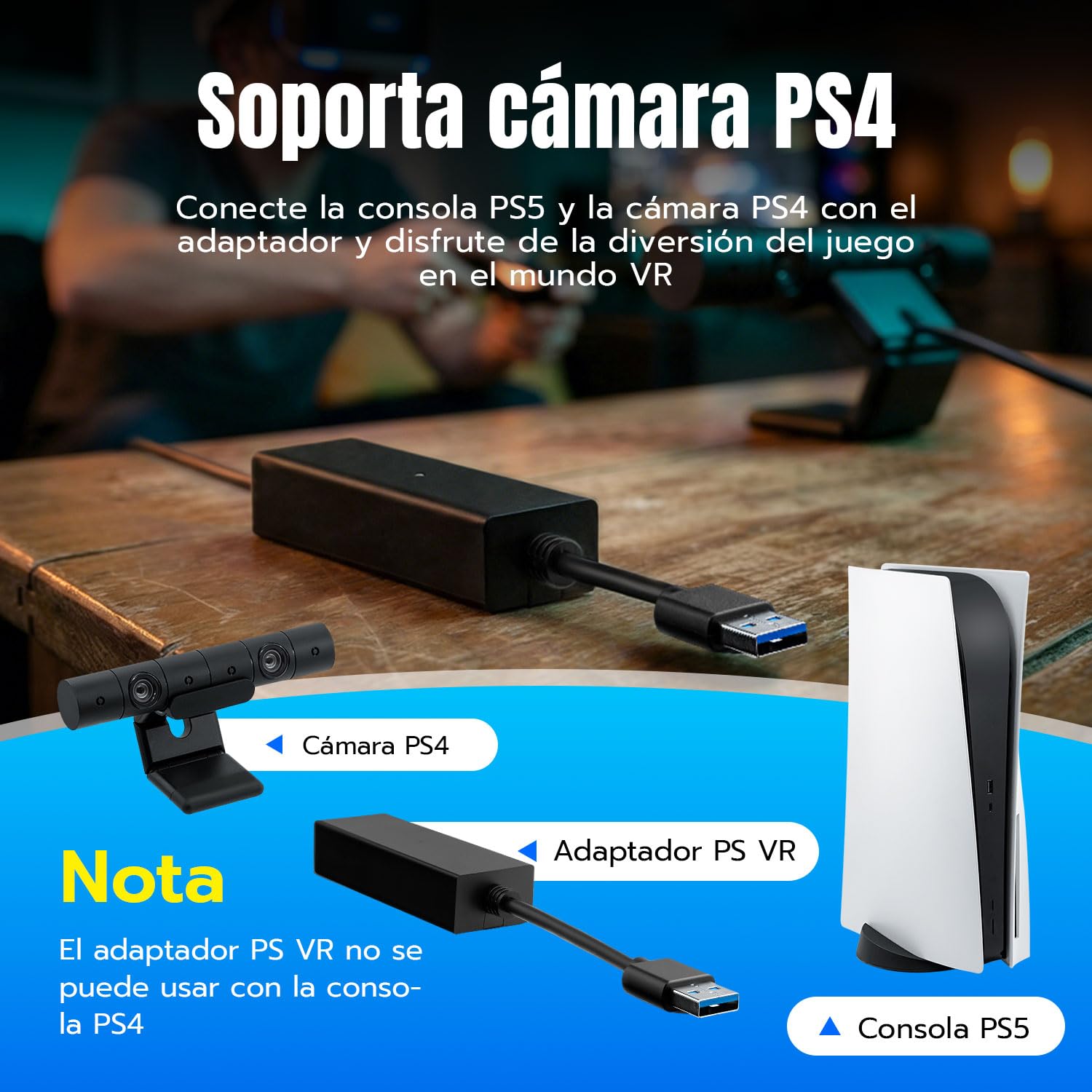 VR Adaptador para PS5 / Slim/Pro de Cámara PS VR, VR Cable Convertidor a Compatible con Consola PS5, PS4, PS, USB 3.0 PS4 Cámara a Consola PS5 VR Juegos Accesorios