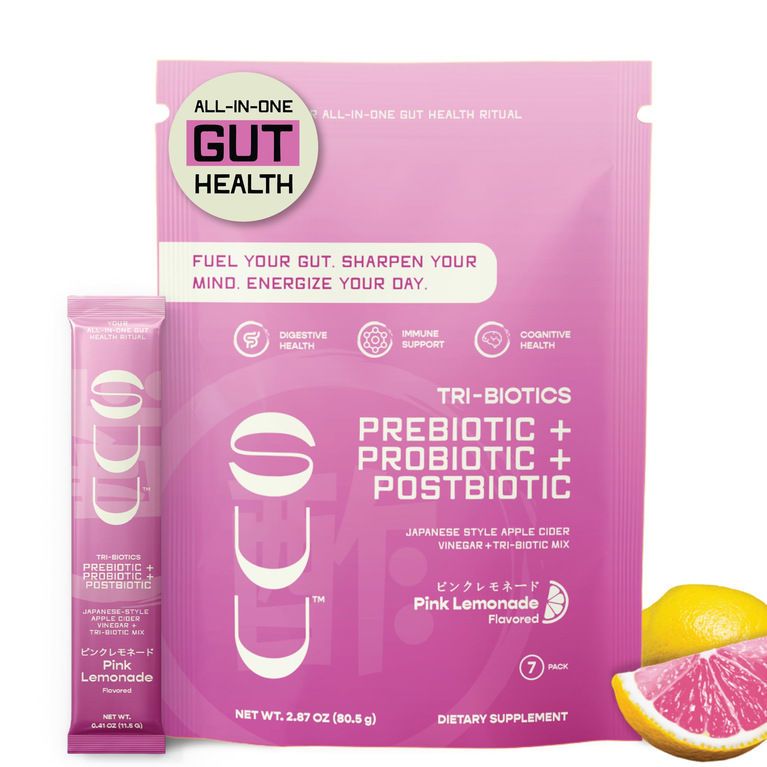 SUU Tribiotics Prebiotic Probiotic Postbiotic Drink, Pink Lemonade, 7ct