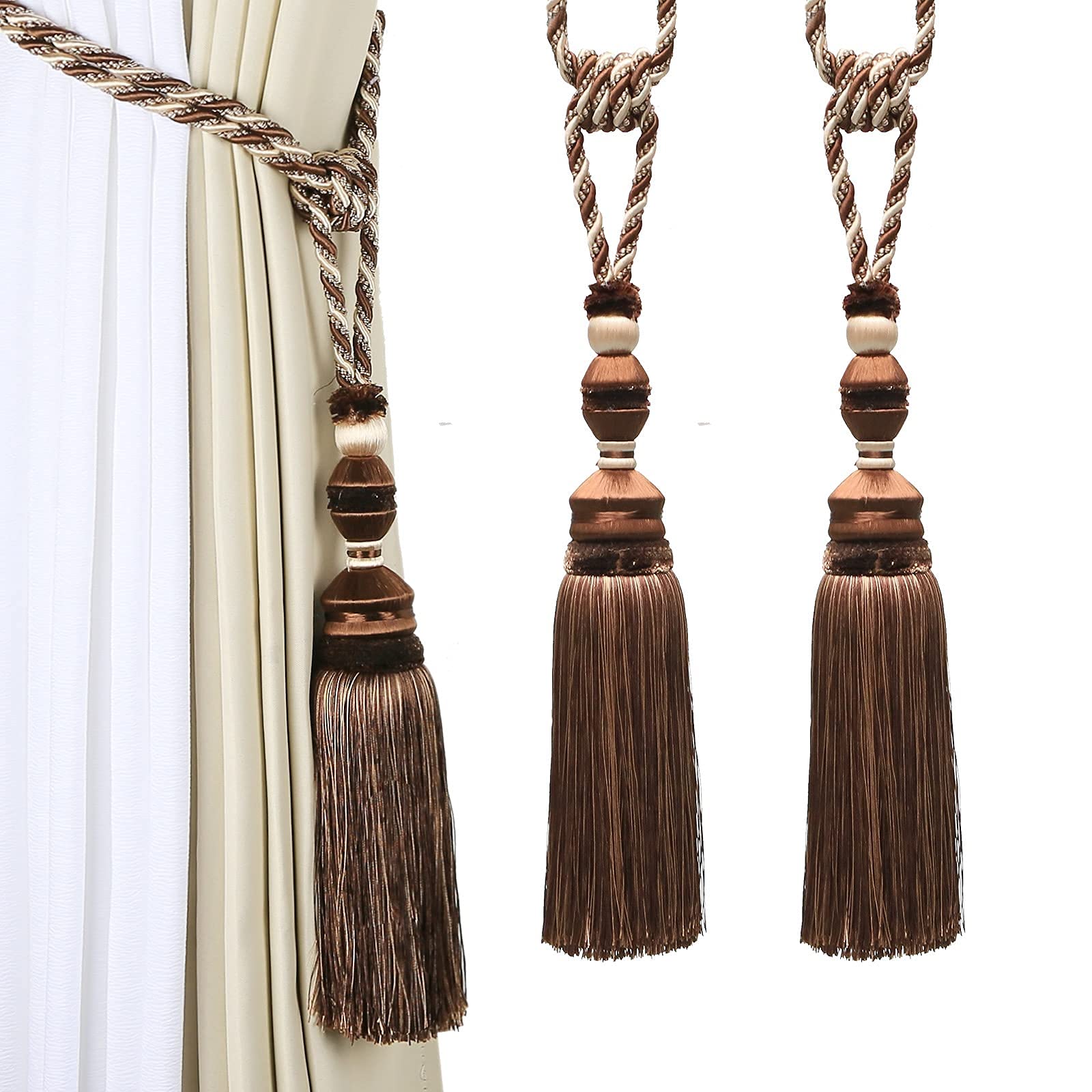 Vorhang-Raffhalter Handarbeit Elegante Vorhangseil-Ebenen Luxuriöse volle Quaste Drape Raffhalter für Home Office Dekor (Dark Coffee, 2)