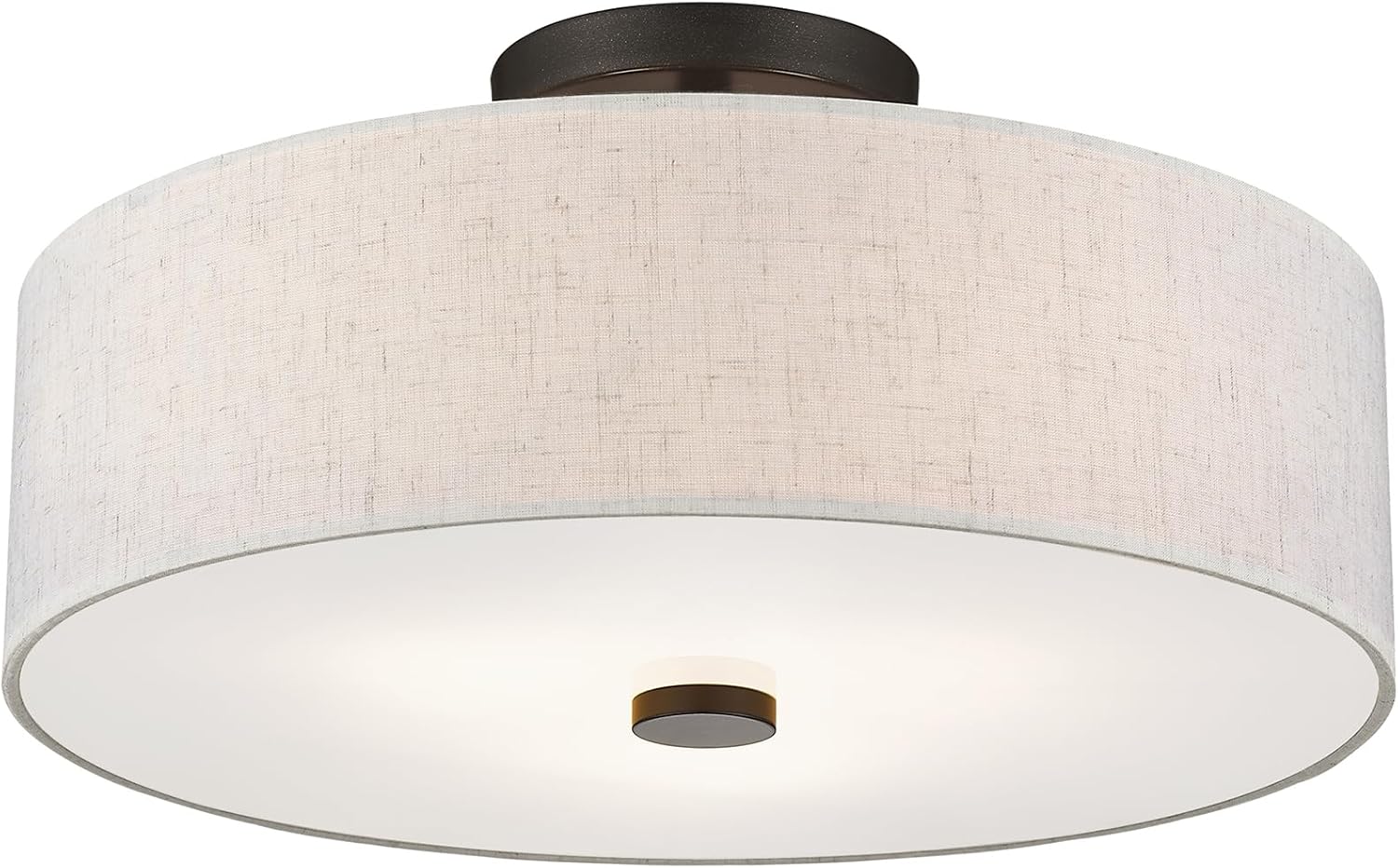 Livex Lighting 52135-92 Meridian Collection 3-Light Semi Flush Mount Ceiling Fixture with Oatmeal Color Fabric Hardback Drum Shade and Satin White Diffuser, English Bronze
