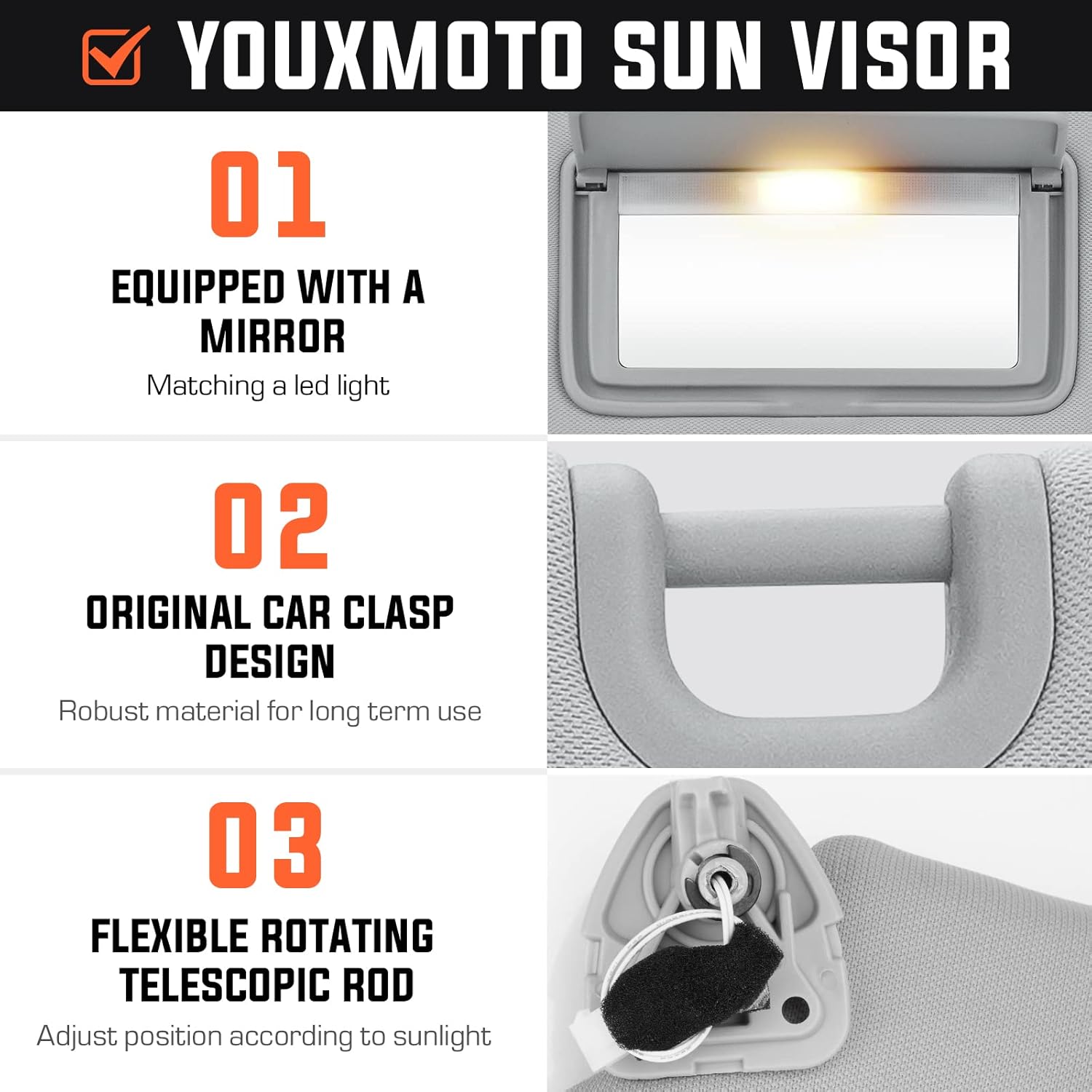 Youxmoto Grey Left Driver and Right Passenger Side Sun Visor with Light, Replacement for Nissan Pathfinder 2013-2018 / for Infiniti QX60 2014-2017/ for Infiniti JX35 2013, for 96401-9PB0A, 96400-9PB0A