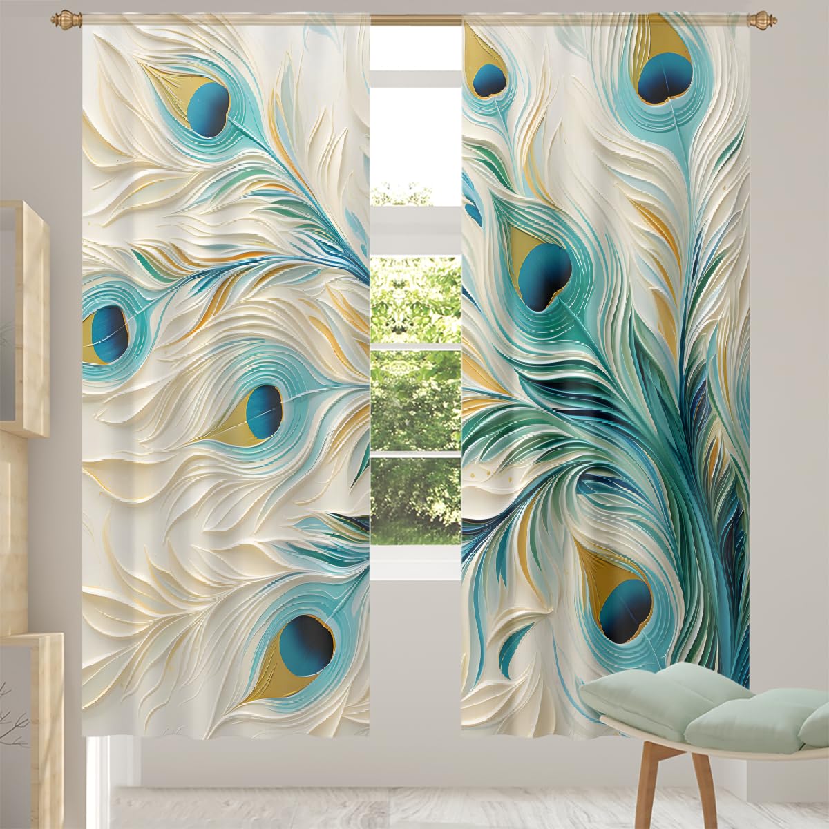 JXDXHCW Sheer Curtains 78 Inch Length 2 Panels Set, Window Drapes with Rod Pocket Peacock Feather Texture Curtains for Living Room Bedroom