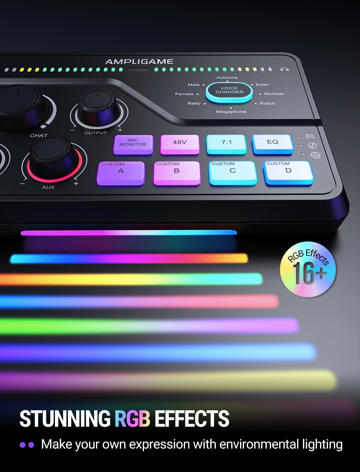 Fifine Gaming Audio Mixer for 7.1ch Surround Sound Headphone Amp-Volume Control-Voice Chat and Streaming-XLR Mic Preamp-USB Plug&Play-Voice Changer-RGB-3 EQ Modes Ampligame SC8