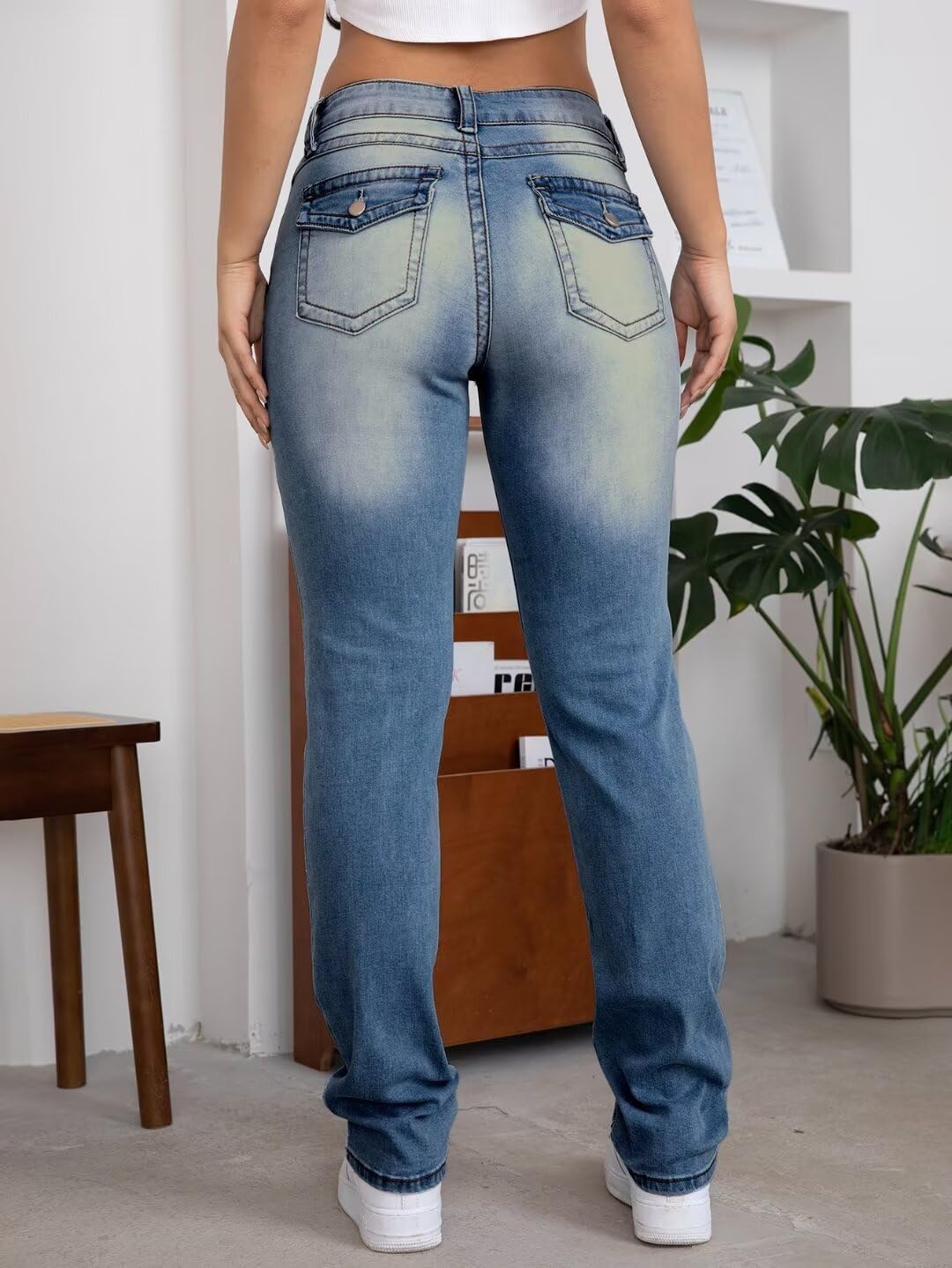 Flamingals Bootcut Jeans for Women Stretchy Mid Rise Double Button Wash Solid 90s Straight Leg Jeans