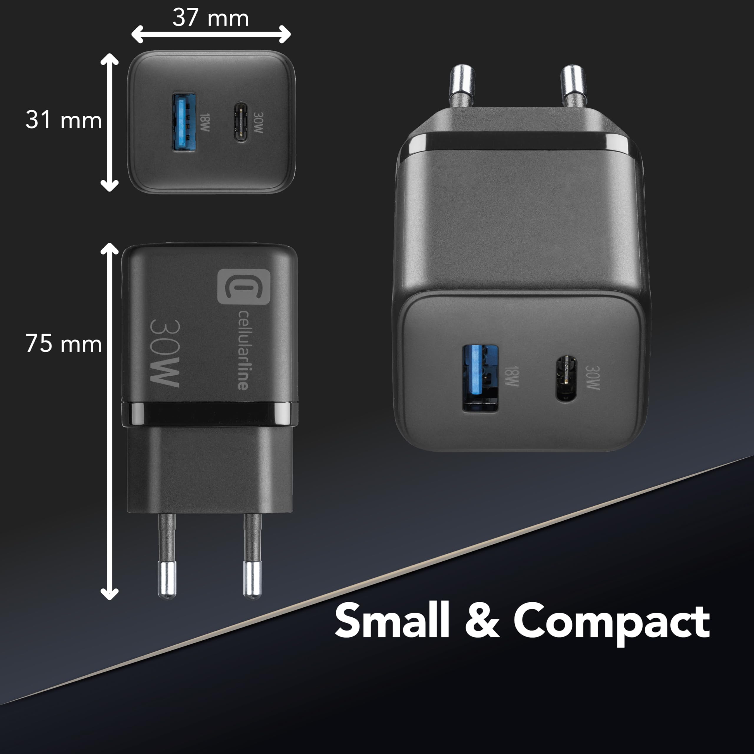 Cellularline Caricabatterie da Rete Multipower Micro Super Fast Charger 30W 2 Porte USB-C Tecnologia GaN