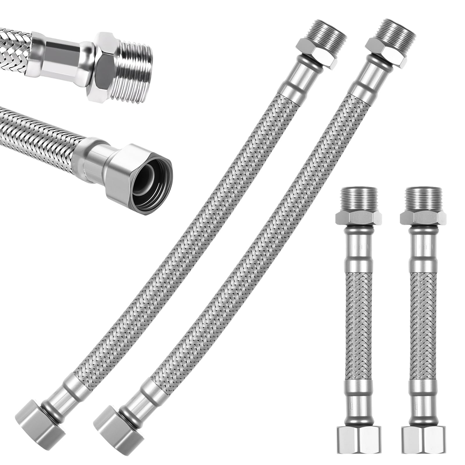 4 Pcs Manguito Flexible 3/8 Pulgadas, Latiguillos de Fontanería Flexibles, Latiguillo Grifo Cocina, Manguera Flexible de Acero Inoxidable para Conexión de Agua WC Baño (10 cm / 20 cm)
