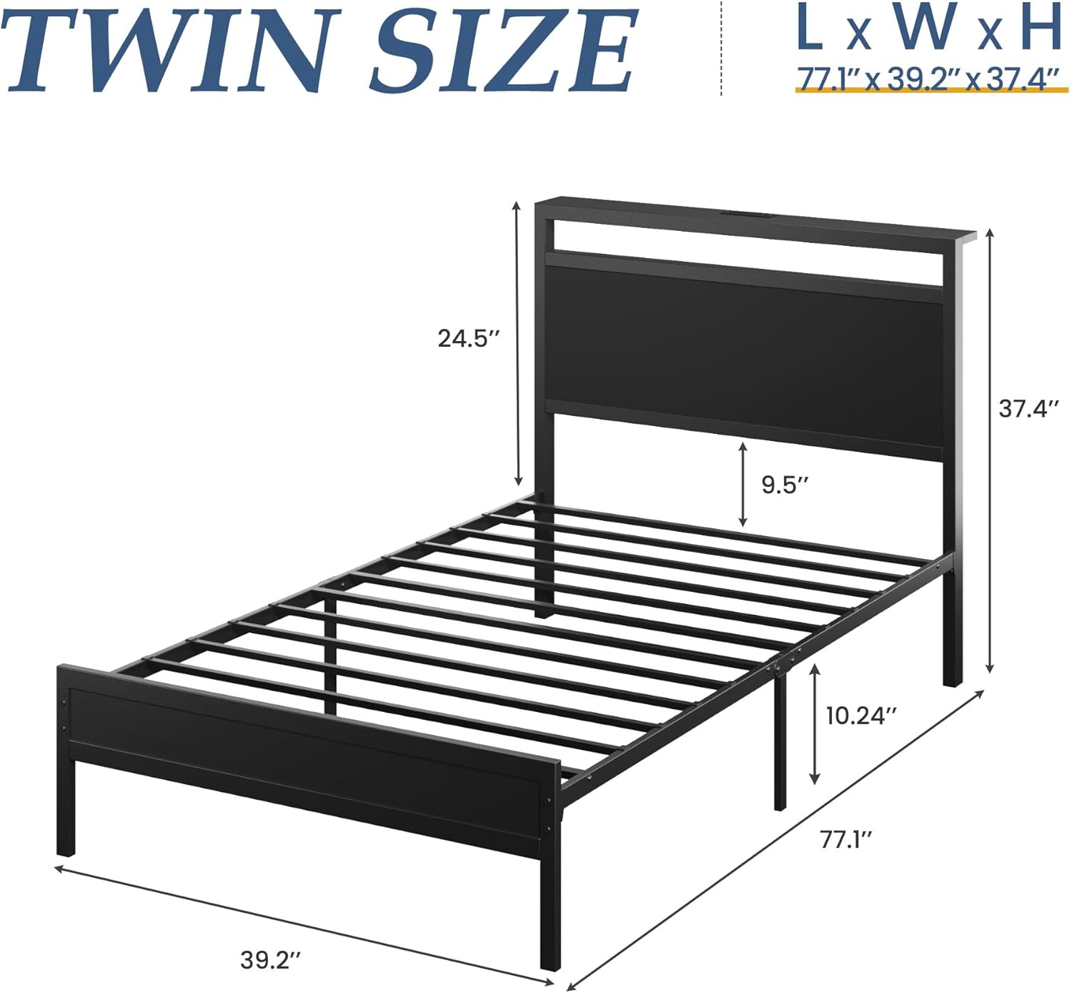 Twin Bed Frame with Headboard & Footboard, Twin Bed Frame with Charging Station & LED Light, Under-Bed-Storage, No Box Spring Needed, Noise Free, Easy Assembly, Classic Black