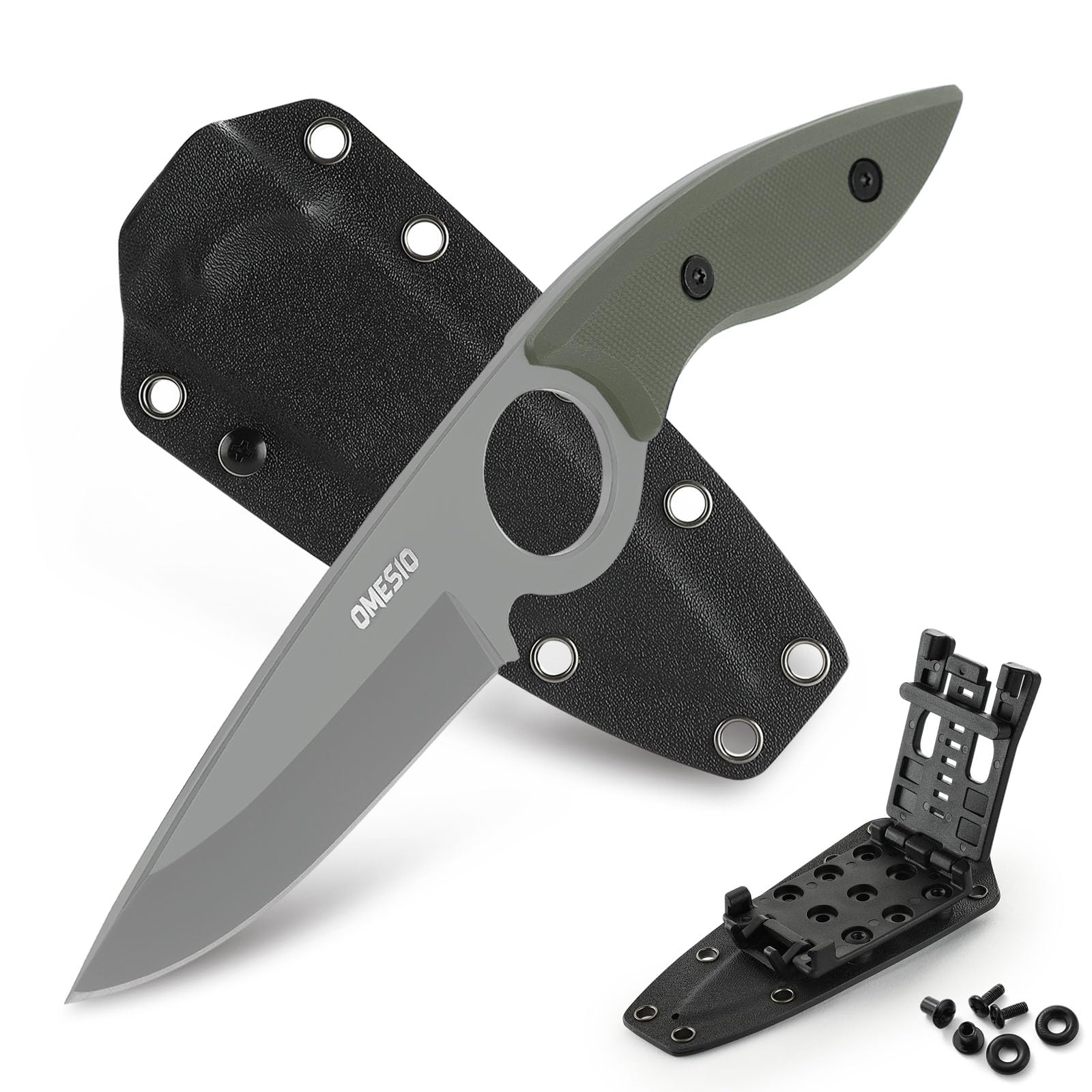 Omesio Couteau Outdoor 5CR13MOV acier Full tang couteau fixe lame drop-point 8,5 cm couteau de ceinture EDC avec Kydex fourreau(manche vert + lame blanche)