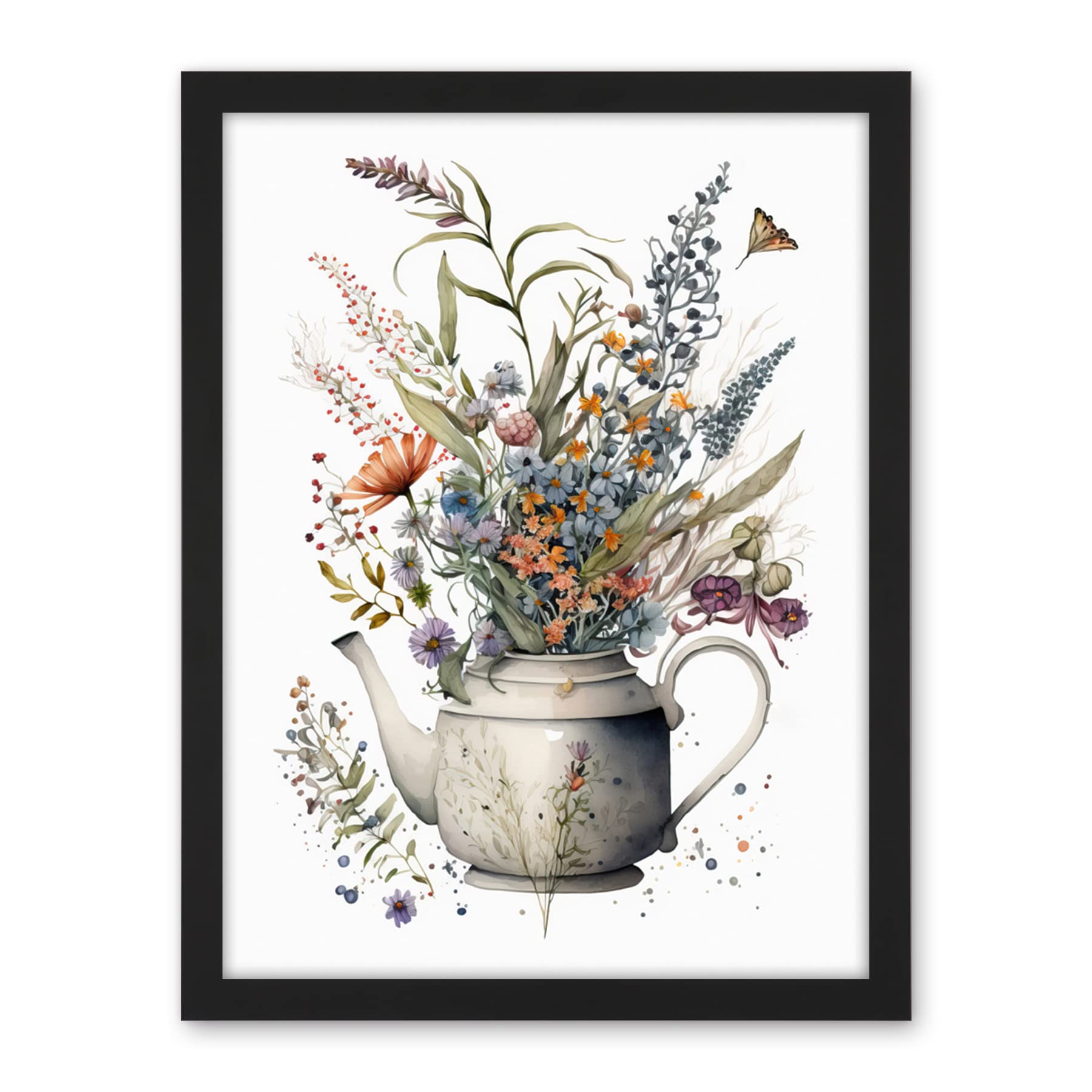 Artery8 Spring Wildflower Bouquet in White Ceramic Teapot Artwork Framed Wall Art Print 18X24 Inch