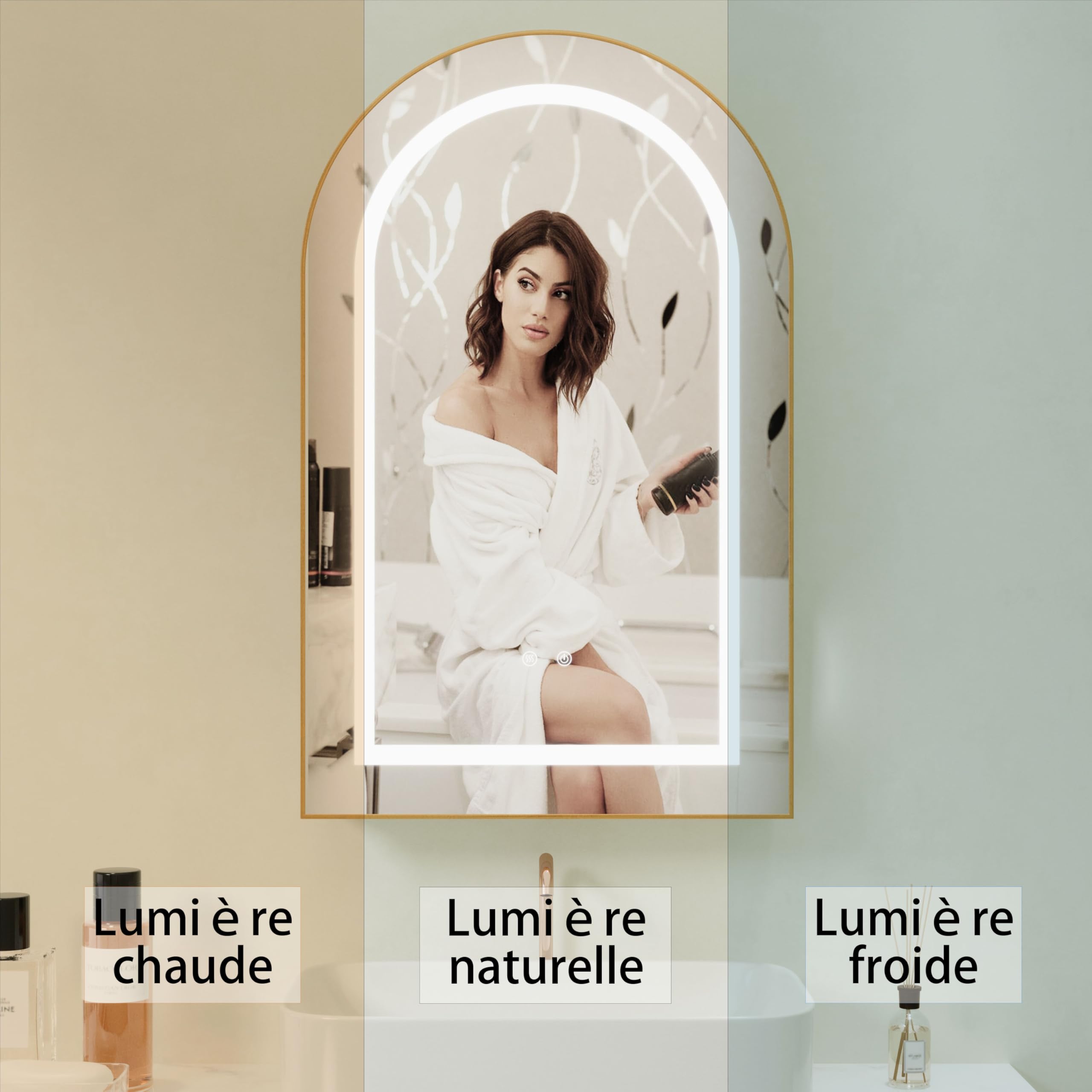 Armoire Salle de Bain avec Miroir Éclairage LED Murale Armoire Miroir avec Prise (2*AC+3*USB) et Fonction Antibuée Arqué Armoire de Toilette avec 3 Étagère 60x90x15 cm Doré et Beige