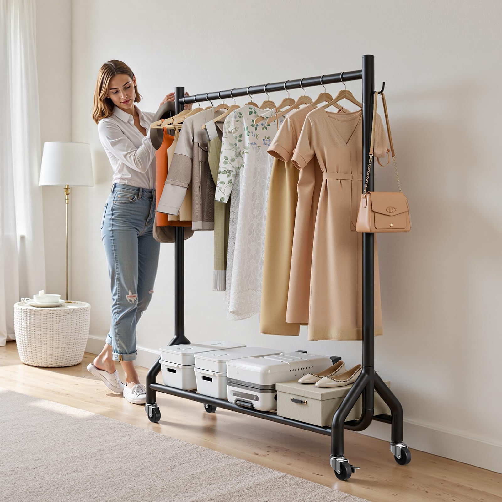VEVOR Perchero Burro para Ropa 108 x 167,3 cm, con Barra para Colgar y Ganchos Laterales, Burro de Ropa con Ruedas, Carga de 90 kg, de Acero al Carbono, para Dormitorio, Lavandería, Sala de Estar