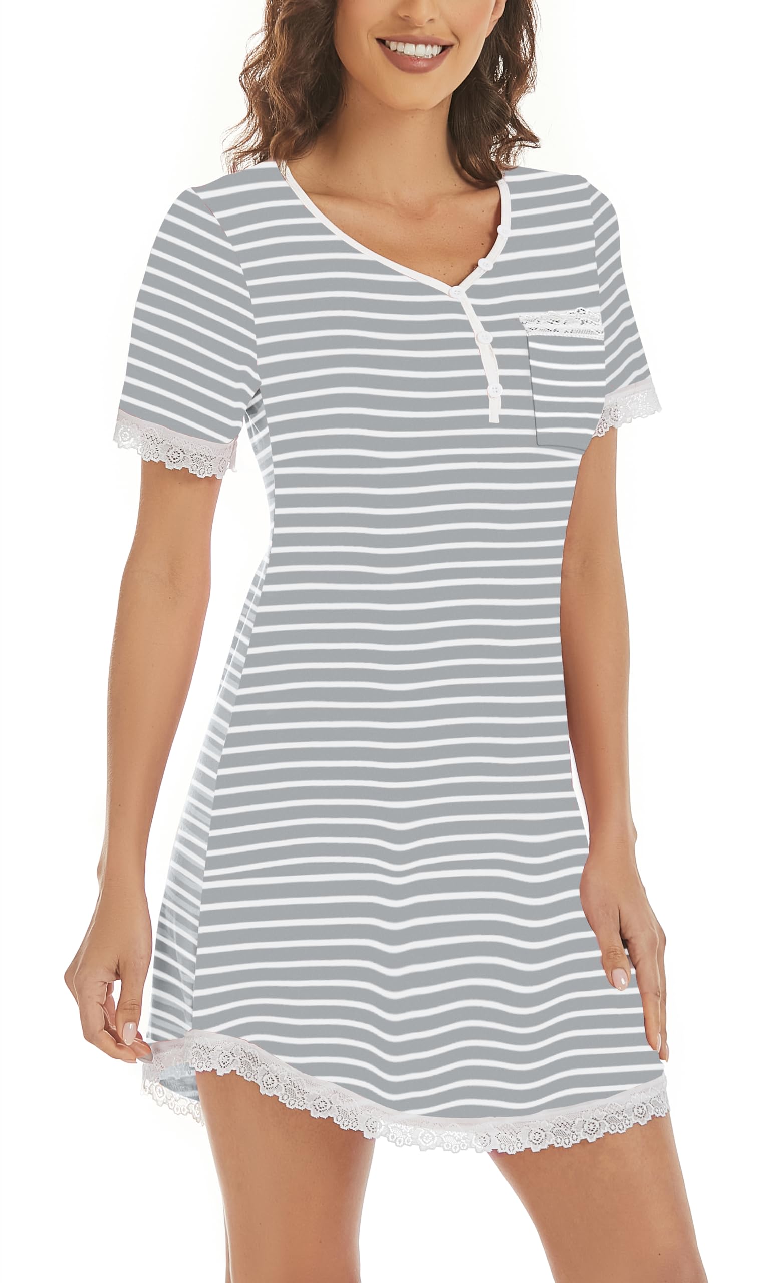 Yukiuiny Damen Nachthemd 3/4 Arm Baumwolle Sexy Spitze Nachtkleid mit Knopfleiste Leicht Luftig Schlafshirt Stillnachthemd