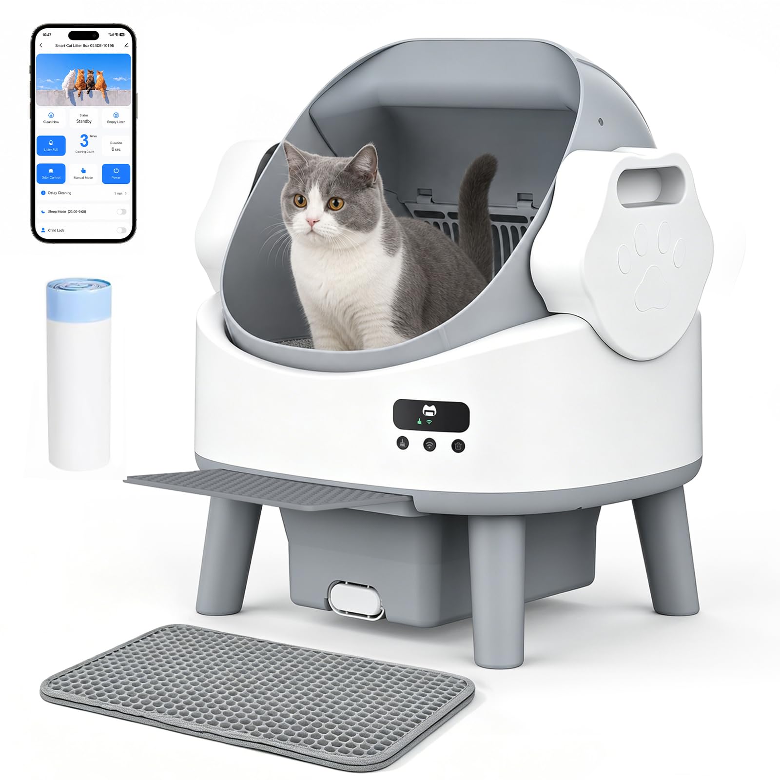 MoraRise Self Cleaning Cat Litter Box, Open-Top Automatic Robot Litter Box for Multiple Cats with App Control, Safety Sensors Protection, Includes Digital Screen & Cat Pedal, Quiet and Easy to Clean