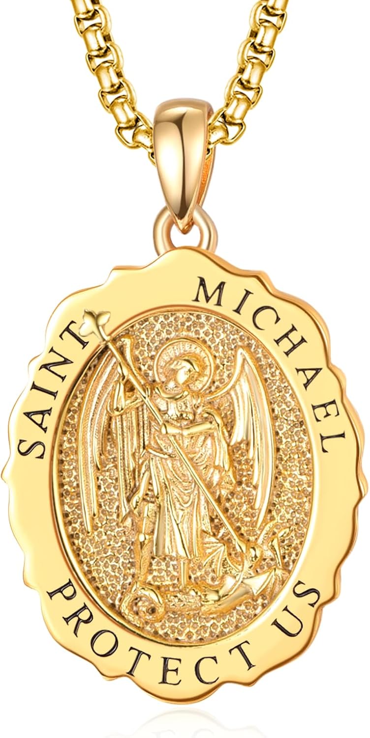 TANGPOET Saint Medal Pendant Necklace for Women Men 925 Sterling Silver 24K Gold Plated Patron Religious Christian Protection Amulet Jewelry Gifts for Birthday Mothers Fathers Day Christmas