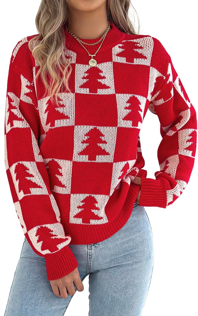 Holiday Checkerboard Knit Sweater Christmas Pattern Crew Neck Long Sleeve Available in Red Green Beige