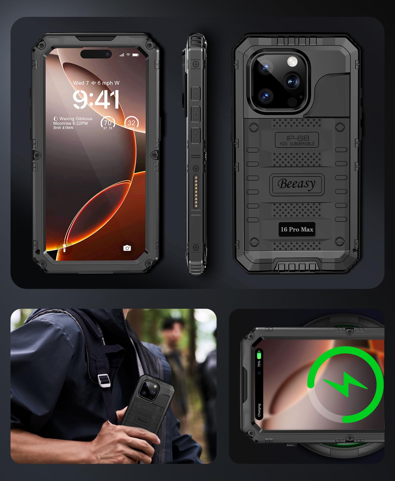 Beeasy Cover per iPhone 16 Pro Max IP68 Impermeabile,360 Antiurto Militare Rugged Armor,Resistente Indistruttibile Metallo Custodia,Subacquea Protezione Case per iPhone 16 Pro Max,Nero