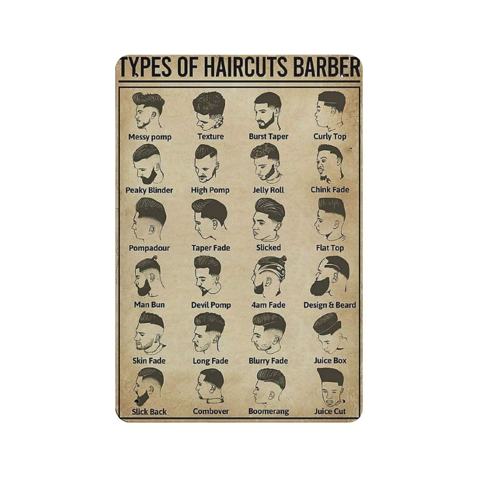 Metal Tin Sign Types of Haircuts Barber Vintage Tin Poster Metal Sign Wall Decoration Country Kitchen Home Garage Decor 12"x8"