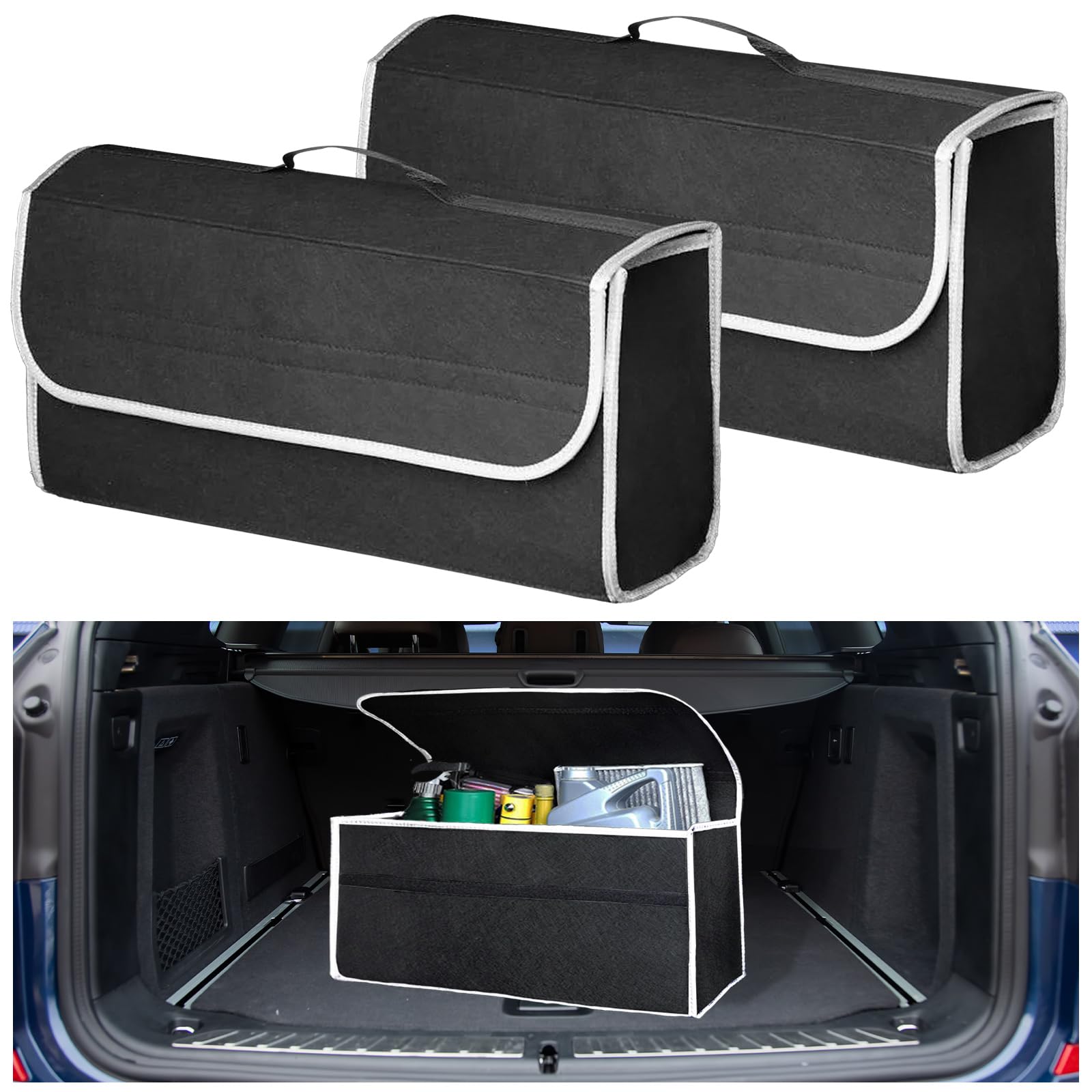 Vagcars 2Pcs Car Boot Organiser Bag, Anti-Slip & Foldable Boot Tidy For Cars, Felt Trunk Tidy Bag For Storage Auto Tools & Interior Declutter, Universal Car Accessories For All Vehicles (2Pcs)