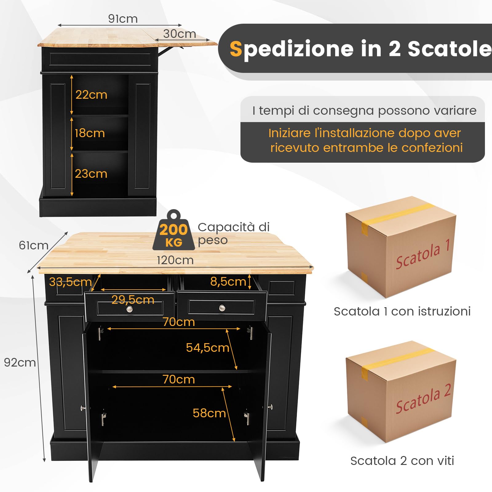 COSTWAY Credenza da Cucina in Legno, Isola da Cucina con Contenitore, con Ripiani Regolabili a 3 Livelli, 120 x 61 x 92 cm, Carico 200 kg (Nero)