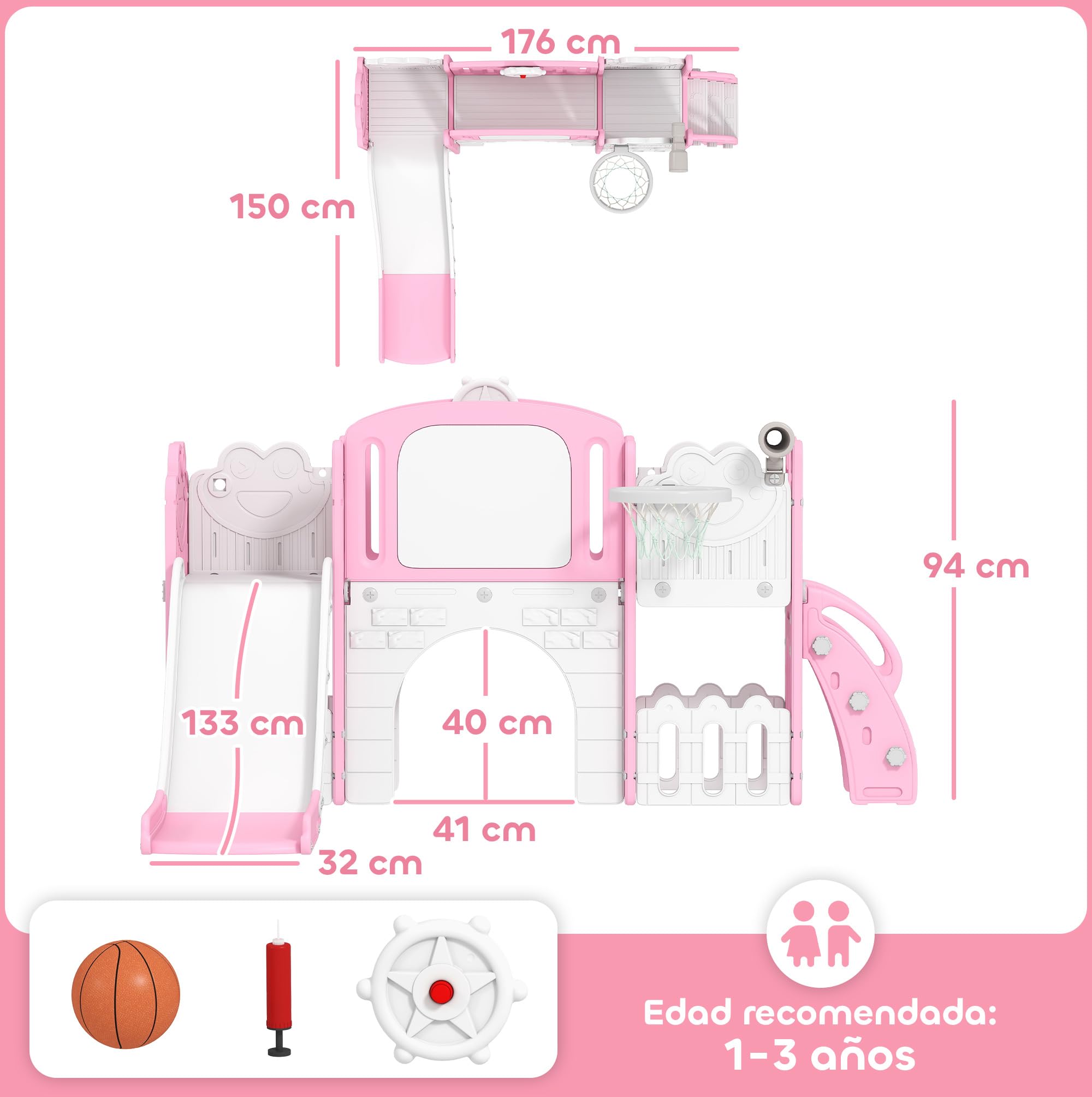 AIYAPLAY Tobogán Infantil 7 en 1, Tobogán para Niños de 1-3 Años, Temática de Rana, con Aro de Baloncesto, Túnel, Pizarra, Telescopio de Juguete, Escalador y Cajas, para Interior y Exterior, Rosa