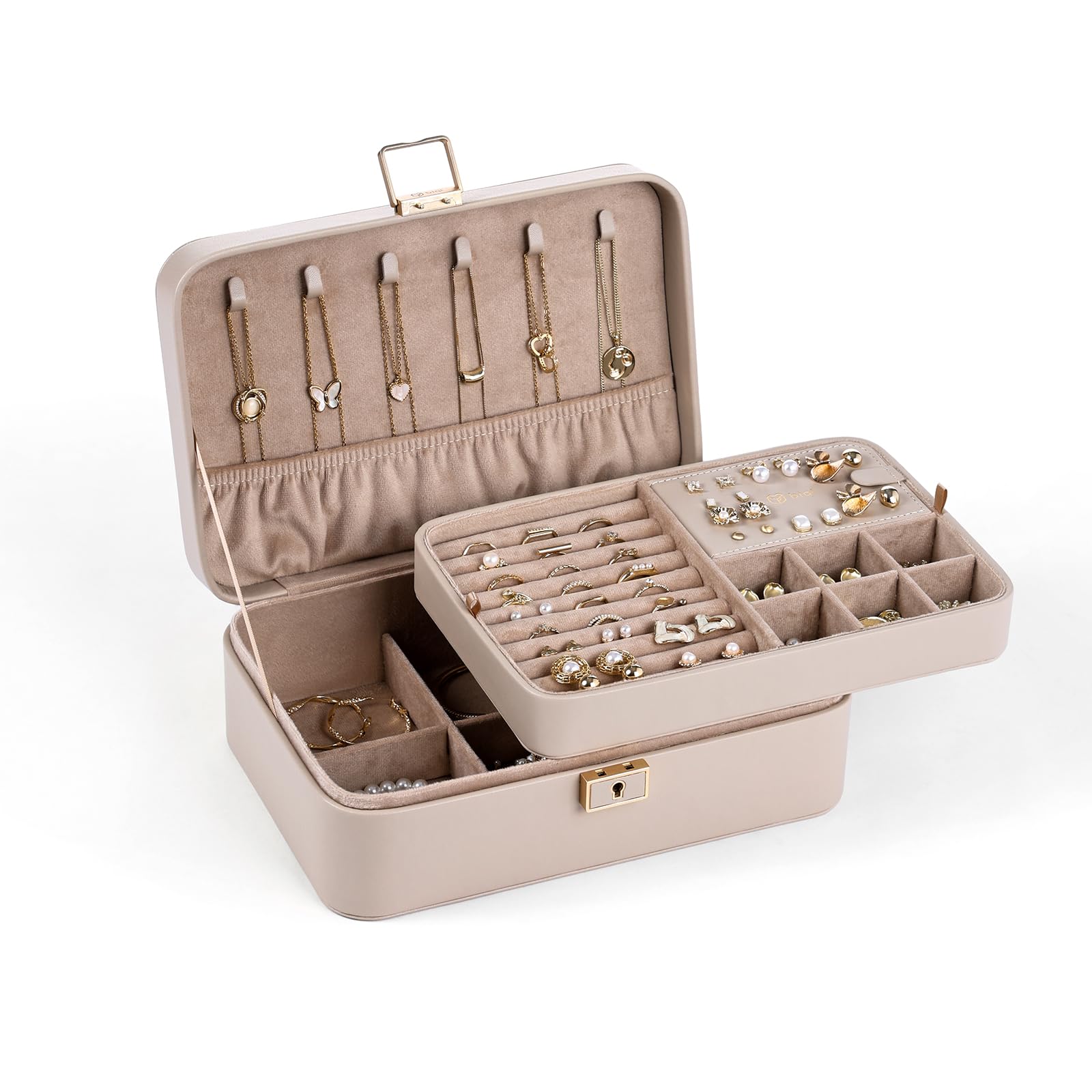 Joyero de 2 capas, organizador de joyas de piel sintética con cerradura, bandeja de joyería extraíble, almacenamiento de joyas para aretes, collares, anillos, regalo ideal para mujeres,