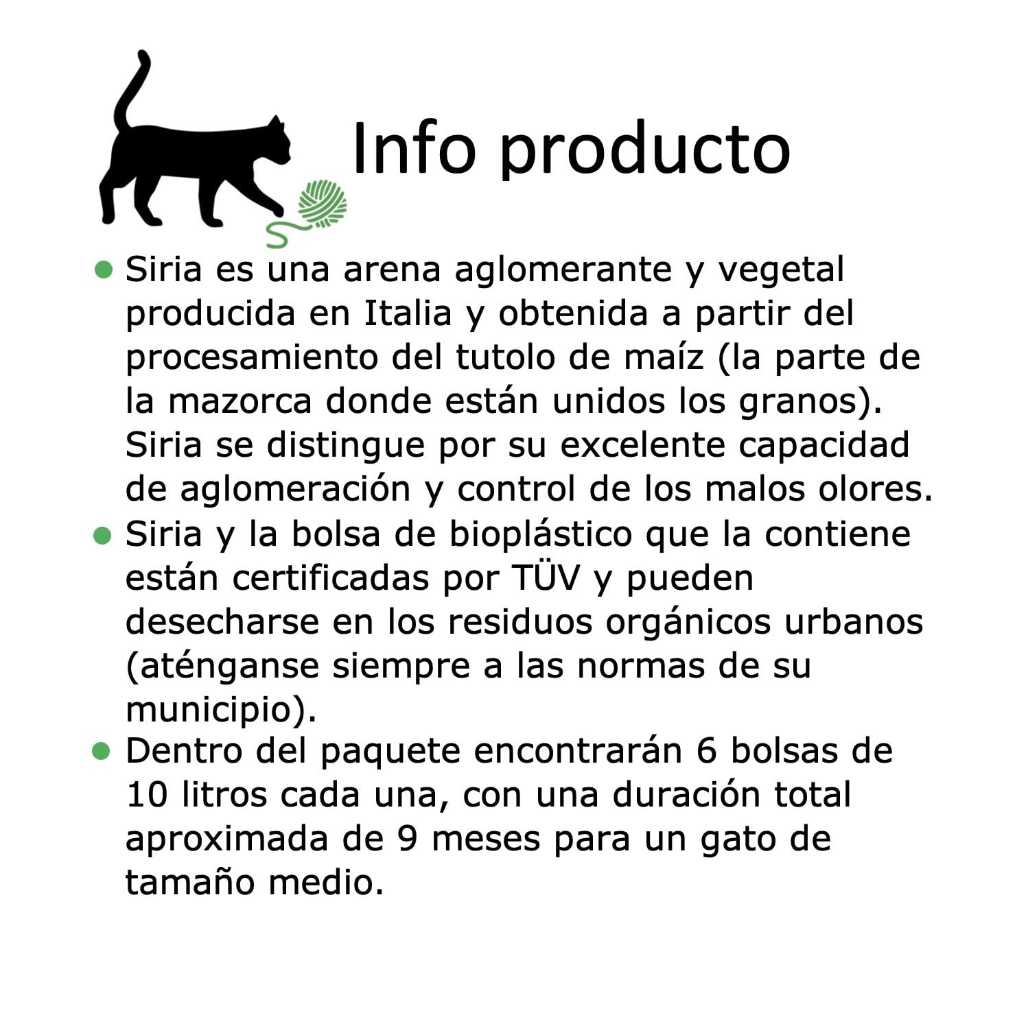 Siria-60L-Arena para Gatos Vegetal y Aglomerante-Set 6 Bolsas de 10 litros