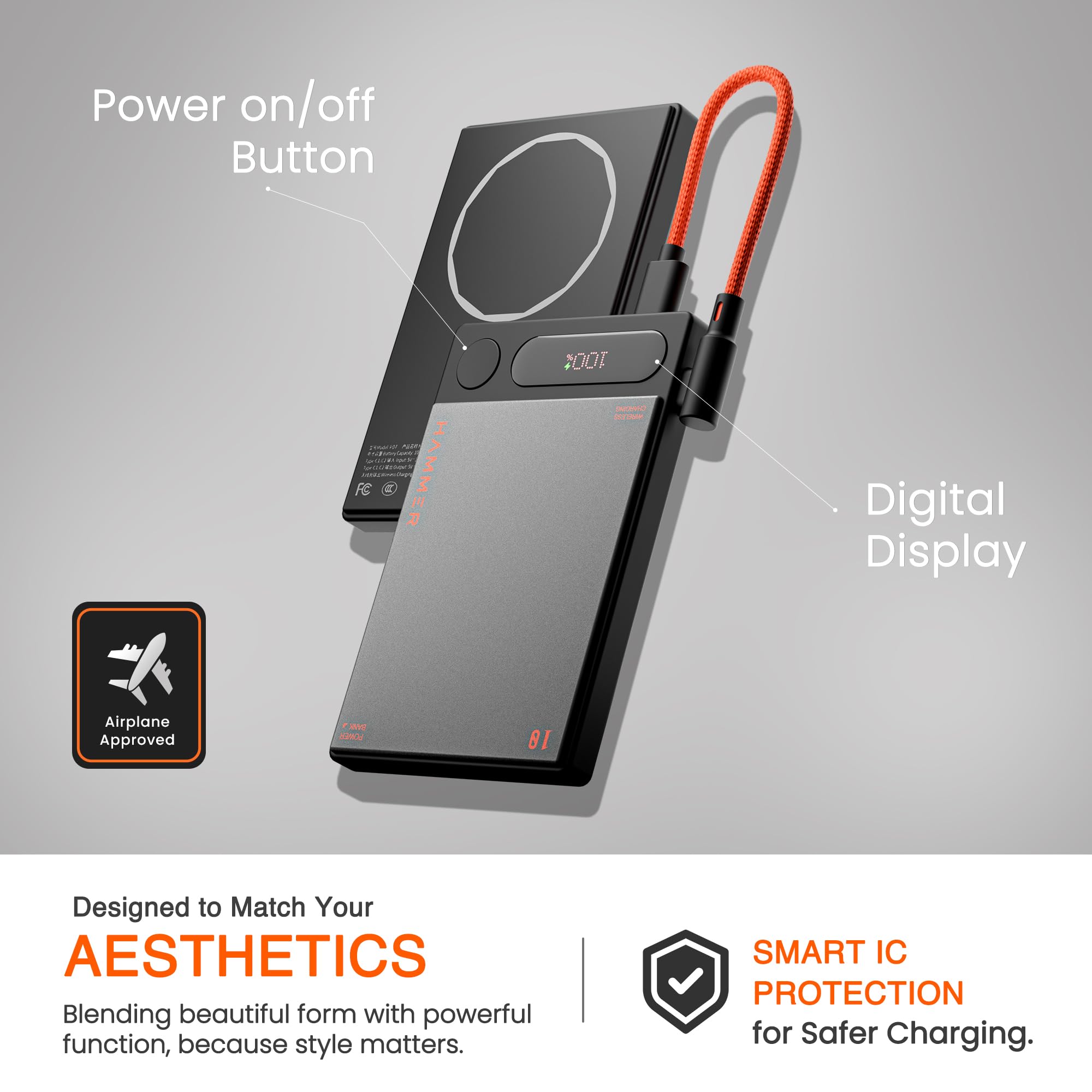 HAMMER 10000mAh MagSafe Power Bank, 15W Wireless Charging (MagSafe & Qi), 22.5W PD/PPS Fast Wired Charging, LED Display, iPhone 12 & Above, Metallic Finish, Magnetic Ring Included, Made in India — Amazon image 7