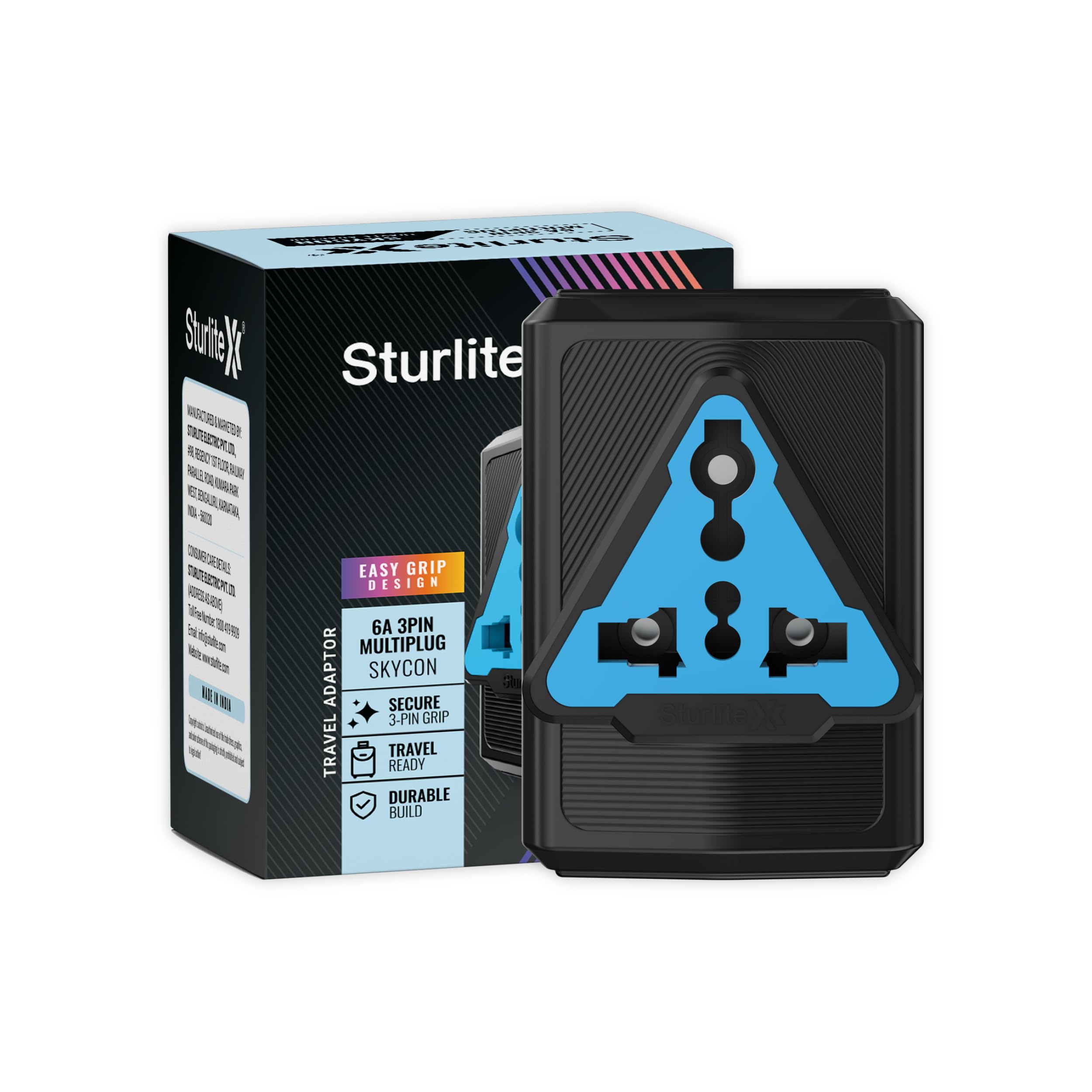 Sturlite SKYCON 6Amps 3 Pin Plug| Universal AC Travel Adapter| ABS Strong Body Socket - (Black) (Pack of 1)