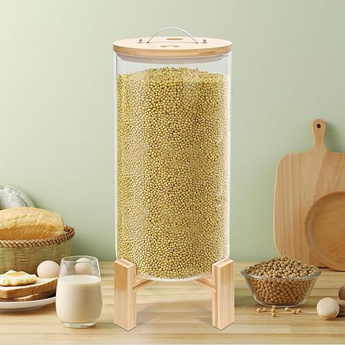 Dispensador de arroz de vidrio, recipiente de almacenamiento de arroz, recipiente de harina y cereales con tapa hermética y soporte, recipiente de