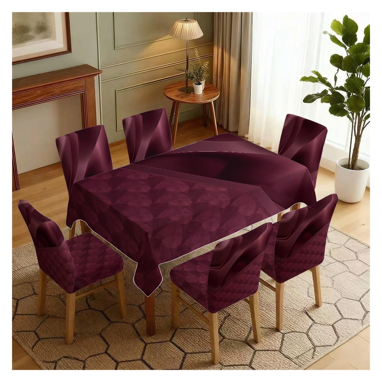 BOSUYBN Modern Wine Red Dining Set Covers, Gradient Wave Chair Slipcovers With Matching Tablecloth, 5/7 Piece For Contemporary Spaces Table Setting(7pcs Set: Tablecloth+Chair Covers)