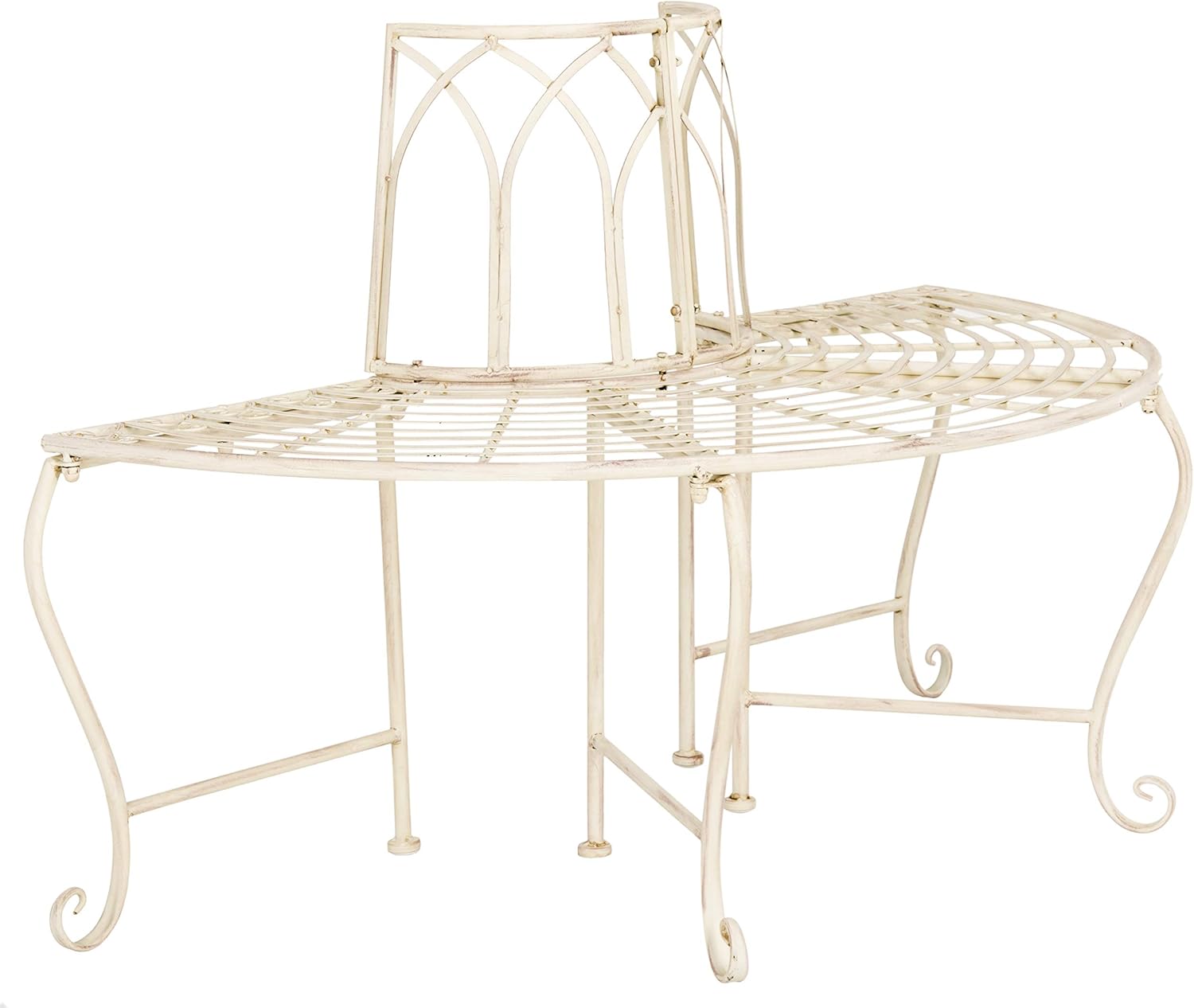 SAFAVIEH Outdoor Furniture Collection – Abia Antique White Distressed Wrought Iron 50-Inch Curved Tree Bench, Garden & Patio Seating (PAT5018A)