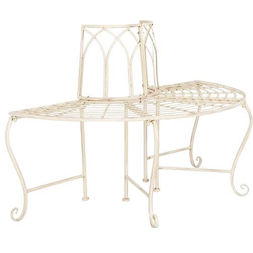 SAFAVIEH Outdoor - Abia Iron Tree Bench - Distressed White Iron Metal - Vintage Scrollwork Garden Design - Ideal for Patio, Deck, Porch, Garden, 17" Seat Height (PAT5018A)