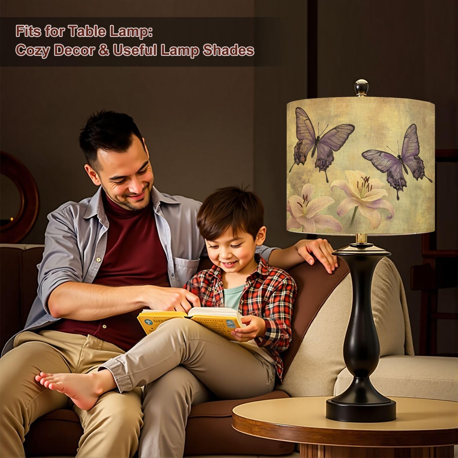 Purple Lampshades Floral Lamp Shades Boho 1 Pack Tranquil Purple Butterflies Pastel Lilies Wall Art Light Shade for Table Lamps Floor Lamps Drum Lamp Shades Lampshade Replacement