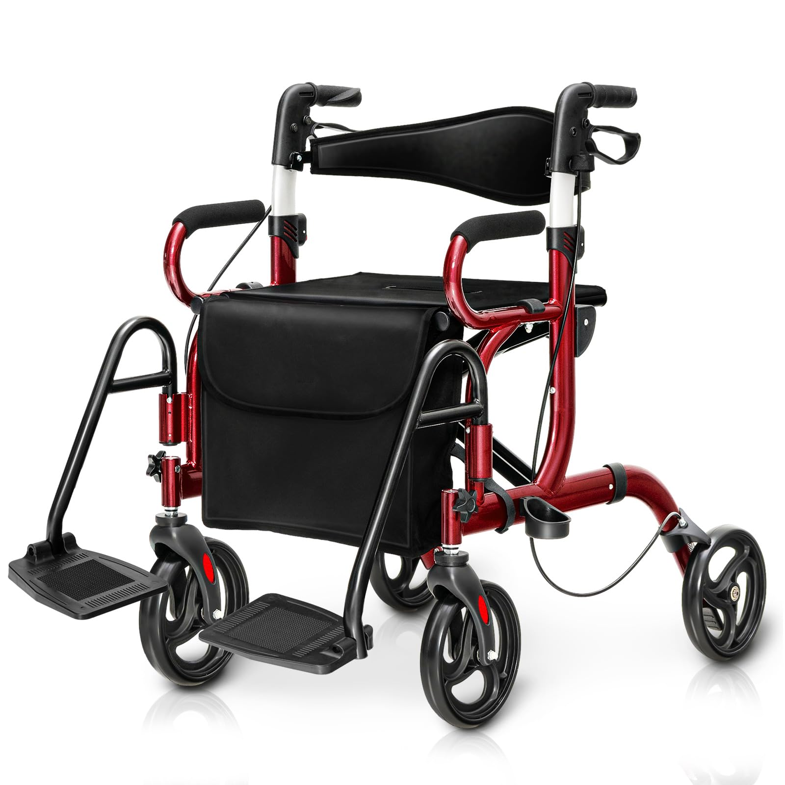 COSTWAY Rollator faltbar und leicht mit Sitz, 2 in 1 Rollstuhl & Reiserollator, Gehhilfe 6-fach höhenverstellbar, Gehwagen mit Tasche & Bremse & Stockhalter, Aluminium, klappbar für Senioren (Rot)