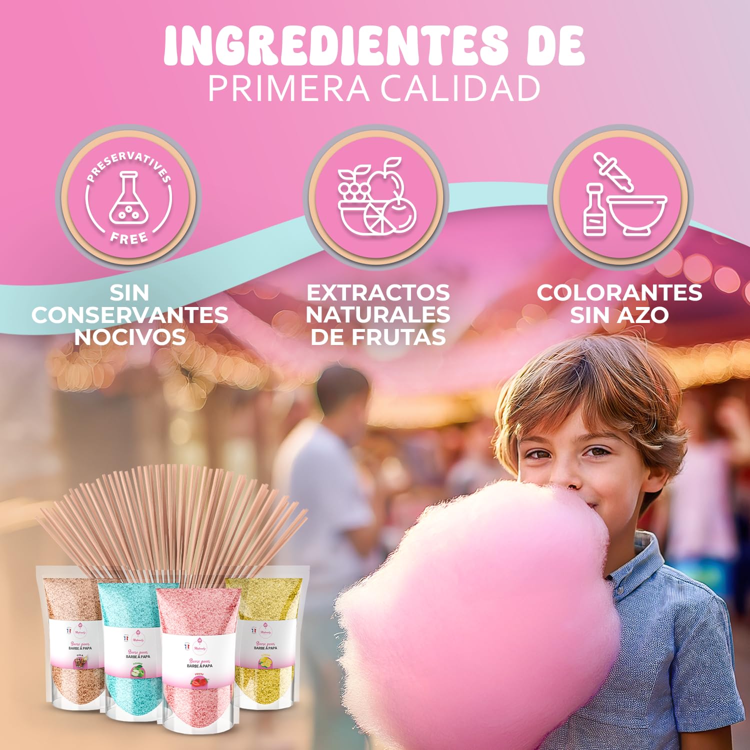 Misskandy® algodón de azúcar para máquina- Pack de 4 * 160Gr - (Sabores Naturales): Sabores: Fresa/Manzana/Cola/Limón + 50 palitos (gratis)
