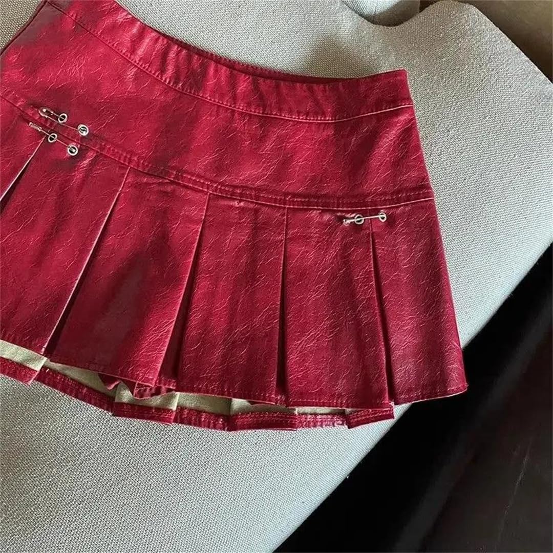 Kelsiop Minifalda plisada de piel sintética para mujer, color rojo y negro, cintura alta, estilo retro, gótico, punk