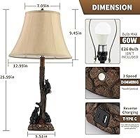 Vista 4 de Rustic Bear Table Lamp with Campfire Nightlight, 3-Bear Resin Tree Bedside Lamp with USB & Type-C Ports, Touch Control Wildlife Table Lamp for