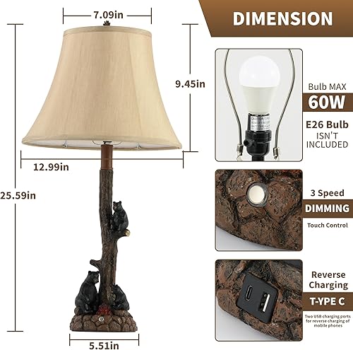 Miniatura 4 de Rustic Bear Table Lamp with Campfire Nightlight, 3-Bear Resin Tree Bedside Lamp with USB & Type-C Ports, Touch Control Wildlife Table Lamp for