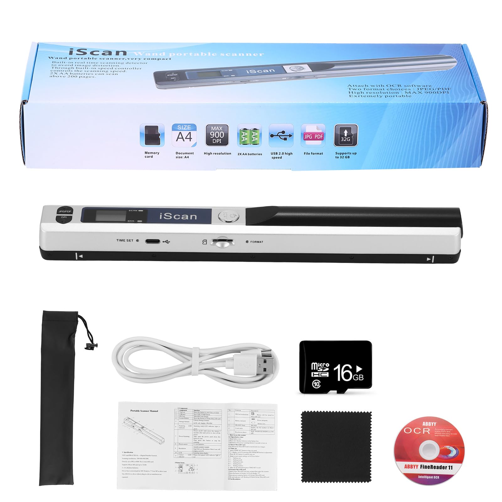 Scanner Portable, Scanner d'images USB 900DPI, Scanner de Photos Couleur A4 Numérisation (Carte 16GTF), Scan Rapide, Compact et Portable,pour Les familles, Les étudiants, Les Cols Blancs, Blanc