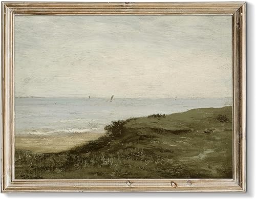RETRART Pintura de paisaje vintage junto al mar, impresiones verdes apagadas, arte de pared antiguo, impresiones de lienzo sin marco de 8 x 10