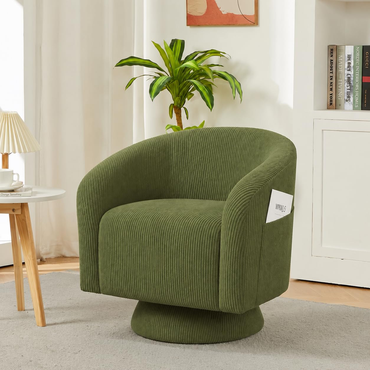 Garvee Swivel Accent Chair Modern 360 Degree Swivel Barrel Chair with Armrest & Curved Back Comfortable Corduroy Upholstered Armchair for Living Room Bedroom Small Space(Green)