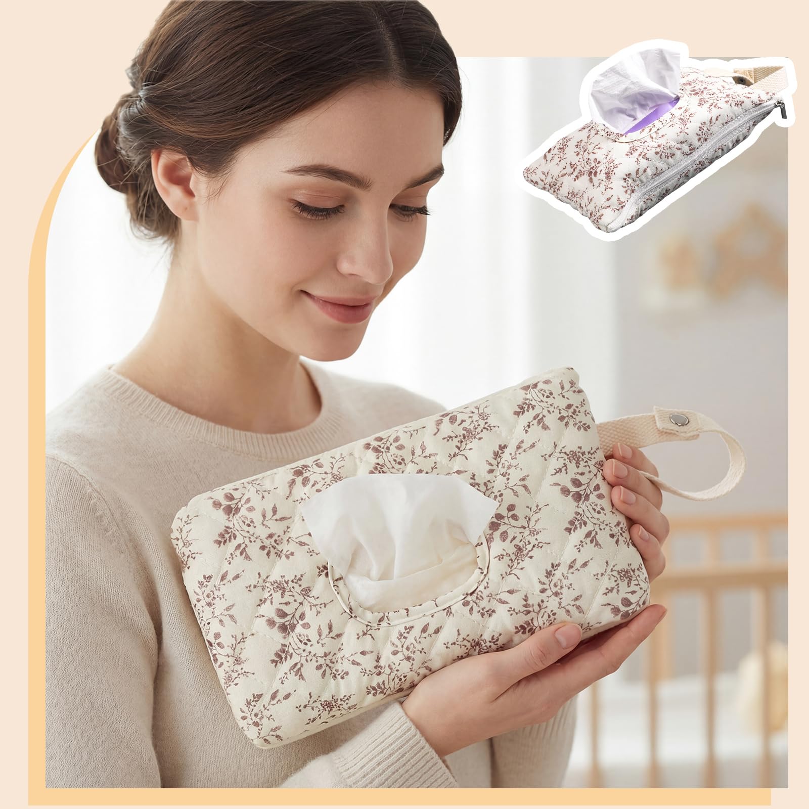 1 Pcs Quilted Diaper and Wipes Pouch Portable Hanging Floral Wet Wipe Bag Diaper Bag Reusable Wipes Pouch for for Stroller Car Travel Infant Diapering Organizer (Beige Floral) - 4