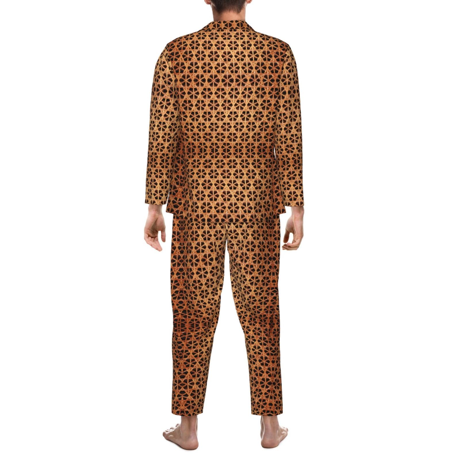 Conjunto de pijama de manga larga para hombre, diseño de rejilla tejida de mimbre, conjunto de pijama de manga larga para hombre, ropa de descanso suave con bolsillos, color negro