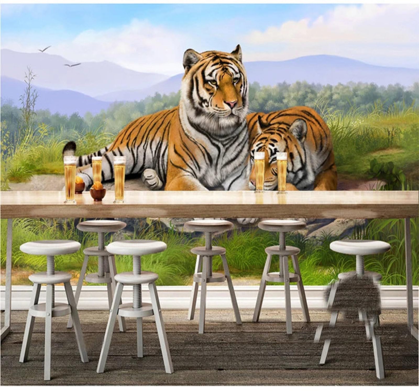 Wallpaper-3D-Xlm 400Cm×280Cm(B×H) Fresh Green Forest Animals Tiger 3D Wallpaper Easy Install Feature Office Living Room Sofa Bedroom Tv Background Wall Decoration-400Cm×280Cm