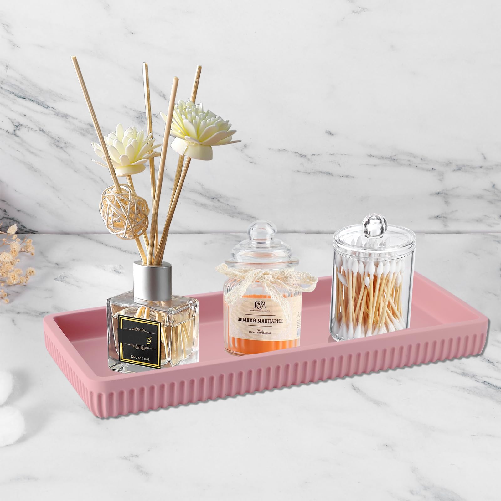 XLHOMO Juego de 5 Accesorios de baño de Resina Rosa, dispensador de jabón de loción, Soporte para Cepillo de Dientes, Vaso de baño, Tarro de hisopo de algodón y Bandeja Multifuncional, Accesorio